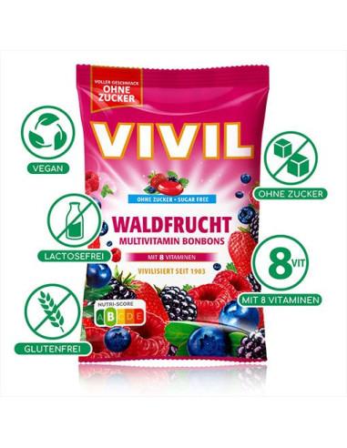 VIVIL Waldfrucht 120g - bezcukrowe cukierki z 8 witaminami owoce leśne