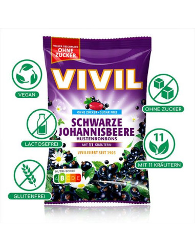 VIVIL Schwarze Johannisbeere 120g - bezcukrowe cukierki na kaszel z 11 ziołami czarna porzeczka